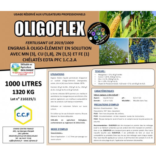 OLIGOFLEX - Engrais foliaire liquide permettant d’apporter un cocktail d’oligo-éléments (manganèse, cuivre, zinc et fer) sous forme chélatée EDTA