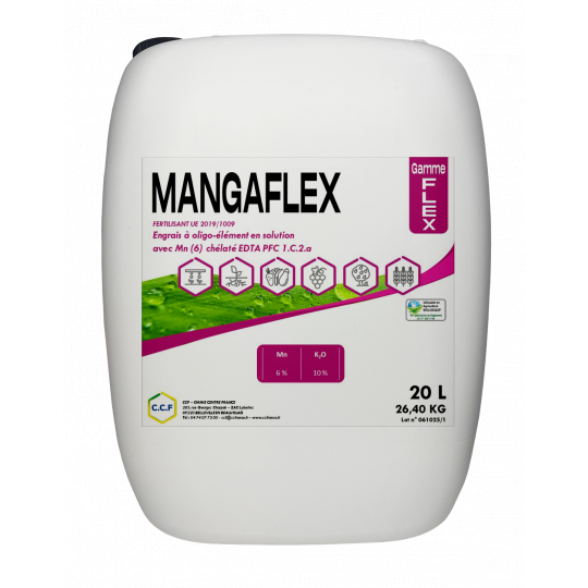 Engrais foliaire liquide permettant d’apporter du manganèse sous forme chélatée EDTA.