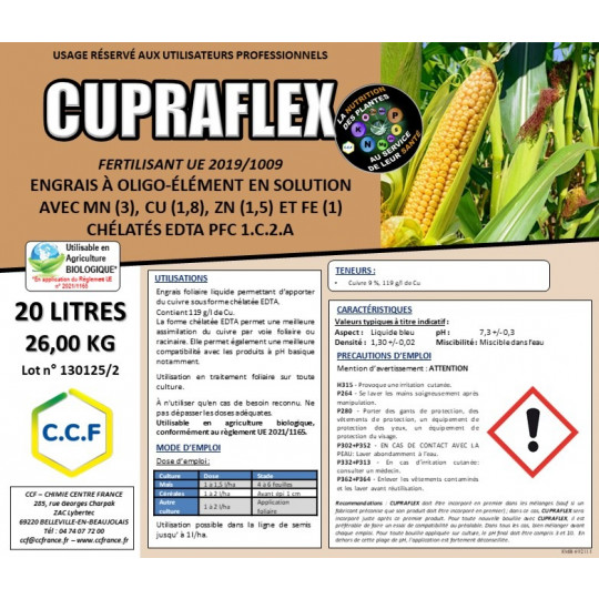 CUPRAFLEX - Engrais foliaire liquide permettant d’apporter du cuivre sous forme chélatée EDTA